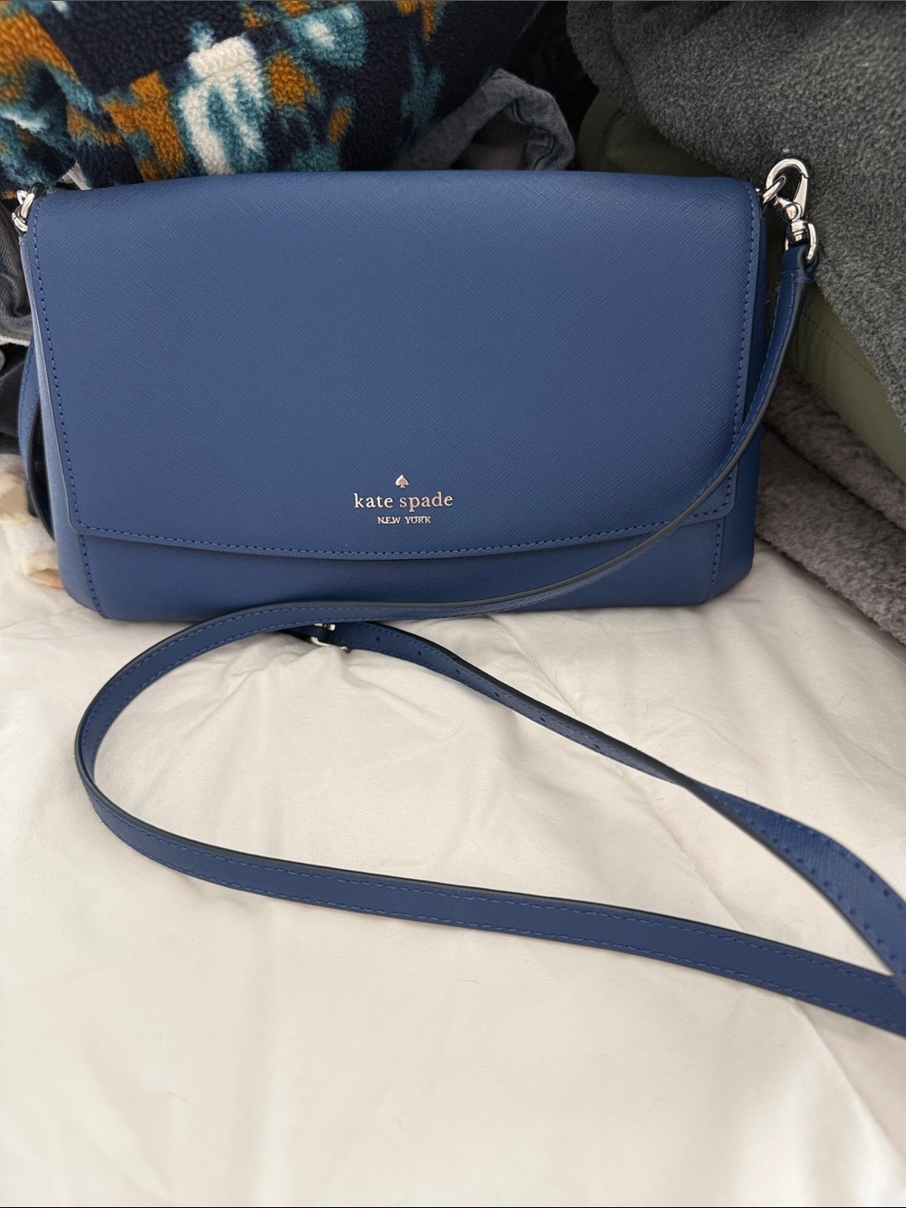 kate spade blue leather crossbody with silver hardware